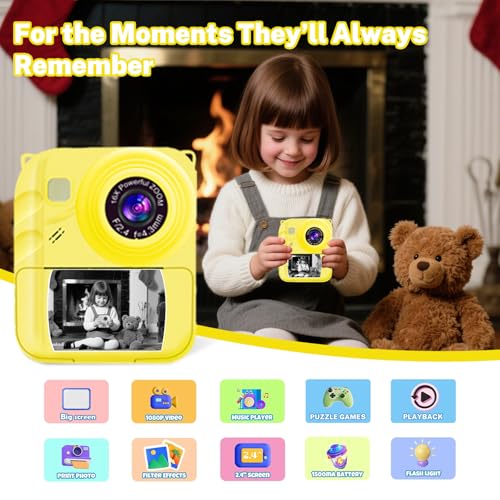 Image of Instant Print Camera for Kids, 1080P Video Camera with 3 Print Rolls | 32GB Card & Cute Cover, Gift for Girls Boys Age 3-12, Toddler Digital Camera with Games, Filters, Music - Yellow