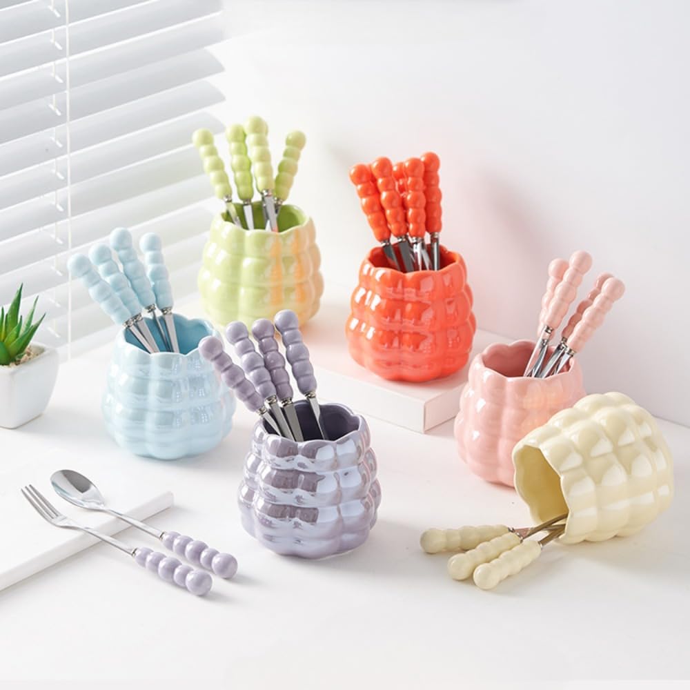 Juego de palillos de frutas de postre, 6 tenedores de acero inoxidable para vajilla, bonito diseño con tarro de almacenamiento creativo para uso doméstico