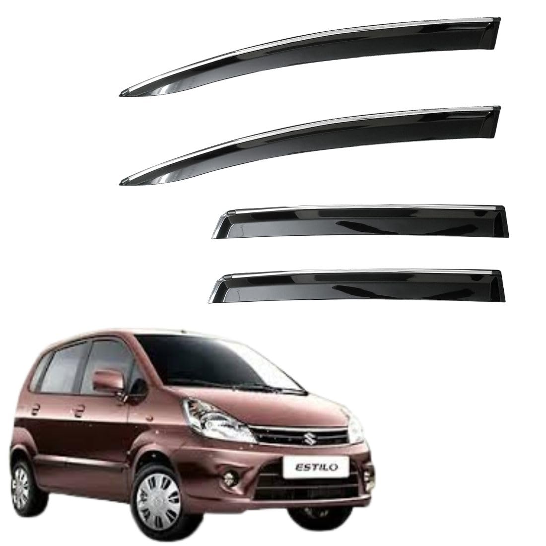 CAR SAAZ Unbreakable Chrome Smoke Door Visor for Estilo (2006-2014)| Premium Sun, Rain Wind Deflector Chrome Strip Side Door Rain Visor – Set of 4 Pcs