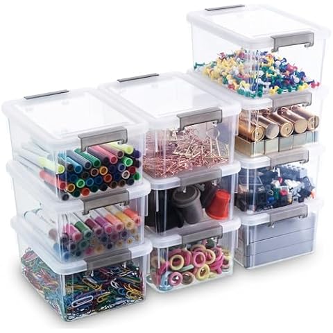 Citylife 1.3 QT 10 Pack Small Storage Bins Plastic Storage Container Stackable Box with Lids for Organizing, Clear White Cover