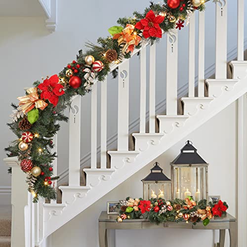 Adeeing 6FT Christmas Garland with Lights, Xmas Battery Operated Artificial Rattan with Classic Red Gold Decorations, Xmas Garland for Home Indoor Fireplace Mantle Outdoor Decor, Red