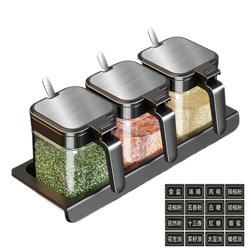 Genérico Tarro De Condimentos Con - Bote De Vidrio Transparente 10x9 5 Cm | Contenedor De Especias Para Cocina, Juego De 3 Tarros Con Cucharas Bandeja Y Etiquetas Para Hogar