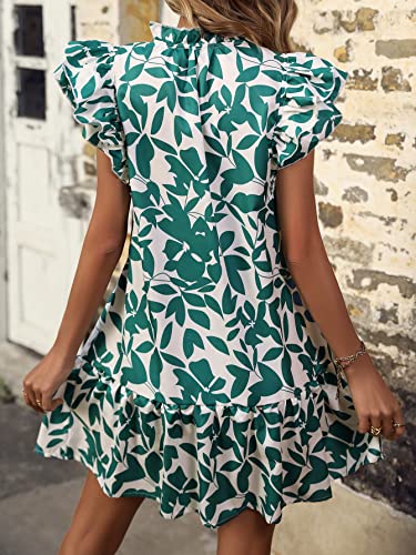 Sweatyrocks Women's Graphic Print Short Sleeve Tie Neck Dress Ruffle Hem Summer Short Dresses Green White L #TOP1