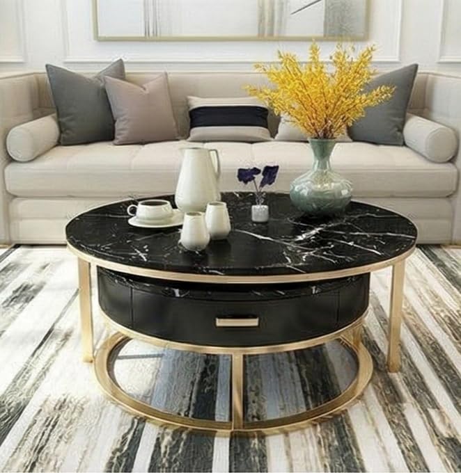 Image of Furniture Cafe Luxury Round Coffee Table with Marble White Finish Top & Gold Metal Frame | Modern Center Table for Living Room | Elegant Sofa Centre Table (Gold Finish)