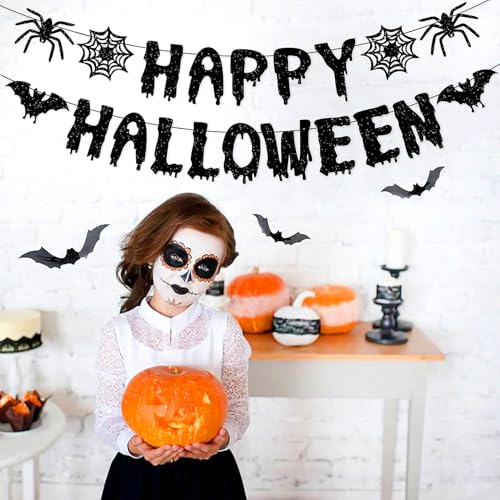 Image of Orange Black Happy-Halloween Party Decorations - 13PCS Spider Web Bats Streamers Banner ,Paper Flowers Lanterns Tissue Pom Poms Fans, Classroom Birthday Bachelorette Hanging Supplies Decor Hugfond