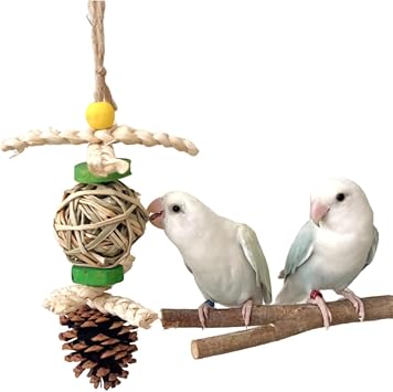 Hanging Bird Chewing Toy for Parrots Interactive Foraging Plaything with Rattan Ball Corn Husk Pinecone for Lovebirds Parakeets Conure Cockatiels Easy Install Bird Cage Toy for Boredom Relief 1-Pack