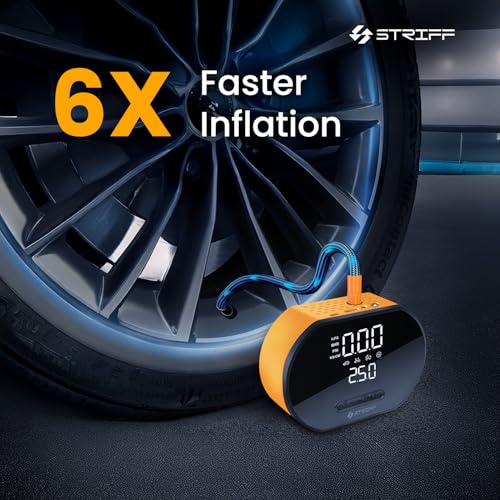 Image of STRIFF AirEdge Tire Inflator Portable with 2-in-1 Rechargeable & Corded Power, 150 PSI Tyre Inflator with Digital Display, Air Pump with LED & Auto ShutOff, Ideal for Car, Bike, Cycle and Ball