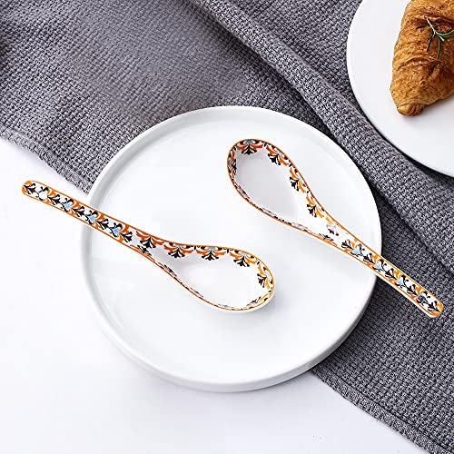 Porcelain 6.5Inch Soup Spoons, Set Of 4, Asian Soup Spoon For Appetizer Sushi Wonton Soba Rice Pho Ramen Noodle, Vibrant Orange, Boho Style (6.5 Inch) #TOP2