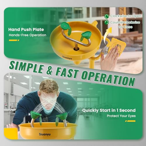Image of Huanyu Stand Up Eye Wash Station Floor Mounted Eyewash Station Adjustable Water Flow Emergency Eye Washing Station Stainless Steel with Eye Wash Sign Factory (1207 Yellow)