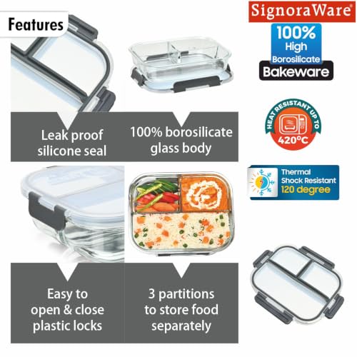 Image of SignoraWare Slim Borosilicate Glass Rectangular Three Compartment Lunch Box,(1.1 LTR, Clear), Leakproof Silicone Seal, Heat Resistant, Keeps Food Fresh, Great for Office & Outdoor Activities