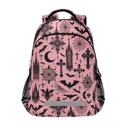 MNSRUU Laptop Backpack with Chest Strap, Black Gothic Moon Spider Webs and Bats School Backpack, Travel Hiking Bag for Boys Girls Teen College Adult, Rucksack Knapsack