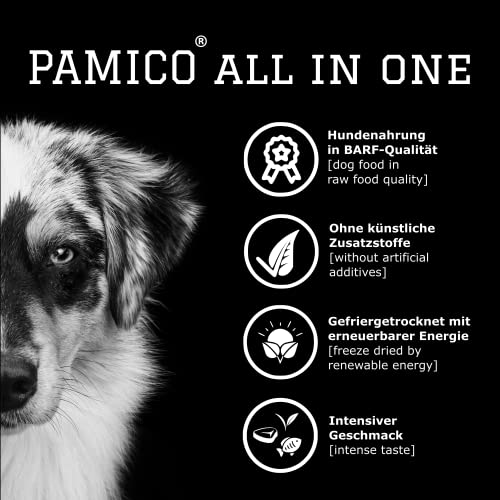 PAMICO Trockenbarf All in One Active mit Rind, Fisch, Spinat, Blumenkohl und Erdbeere 500g - 100% gefriergetrocknet, Barf Hundefutter ohne Zusätze getreidefrei