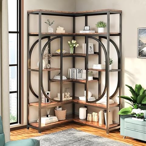 NicBex 7 Tier Tall Corner Shelf Stand Bookcase Storage Rack with Shelf,Open Book Shelf Storage Organizer, Display Standing Shelf Unit for Bedroom, Living Room, Office,Black Cover