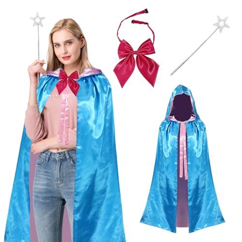 EJWCIG Costume de marraine de fée pour femme avec cape bleue nœud papillon étoile bâton bâton Halloween Cosplay fête déguisement, bleu, 150 cm