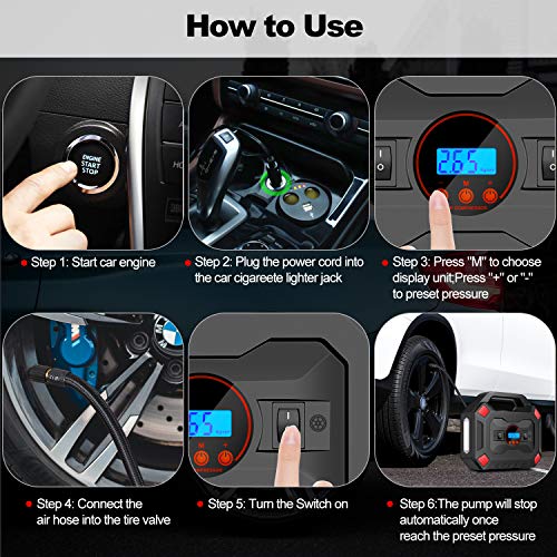 Portable Air Compressor Tire Inflator, DC 12V Air Compressor Tire Inflator with Digital Pressure Gauge LED Light, Auto Tire Pump Air Pump for Car, Bicycle, Motorcycle, Balls - Thumbnail 4