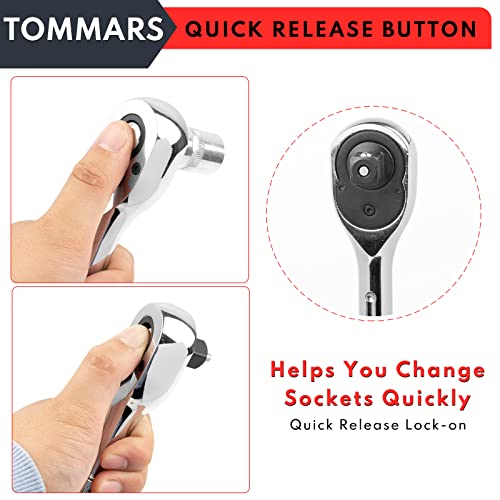 Image of TOMMARS Extendable Ratchet Set 1 /4 inch, 3 /8 inch, 1 /2 inch Socket Wrench Hand Tool Kit | Mechanic Hand Tool Set, Telescoping Design, 72 Tooth 5-degree swing arc, Quick Release, Reversible
