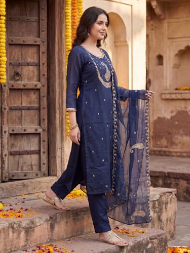Image of INDO ERA Women's Viscose Self Design Straight Kurta with Pant & Dupatta Set