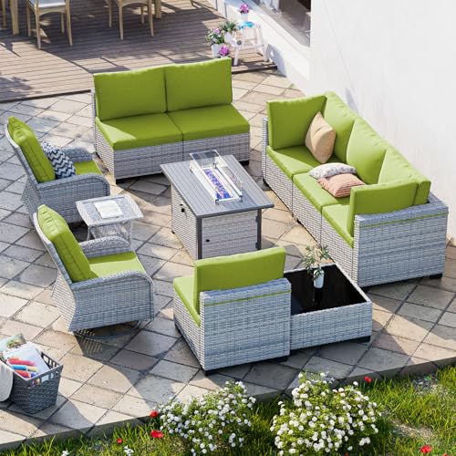 Image of 11-Piece Patio Furniture Set, Outdoor Patio Furniture with 55,000 BTU Fire Pit Table, Swivel Chairs Set, Thick Cushions, Modular Patio Sofa, Dual-Strand Rattan, Rust-Resistant Frame, Grass Green