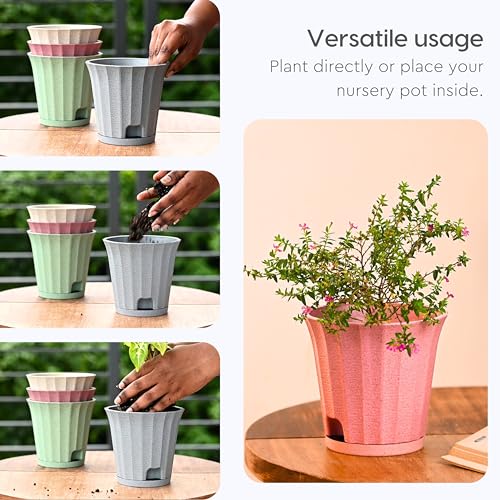Image of Eha Earth Friendly Ace 5 inch Small Self Watering Pots for Indoor Plants | Set of 6 | Plant Pot Made with Bamboo Fibers | Table Top Planters for Home Decor, Flower Pot for Living Room | Innocent