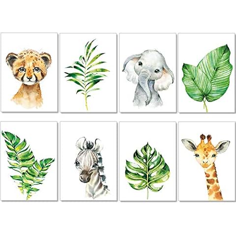 artpin® Set of 8 Pictures Children's Room Mint Decoration Boy Girl - A4 Poster Baby Room - Safari Jungle Wall Pictures Africa Animals - Portrait Elephant Tiger Giraffe Zebra (P37) Cover