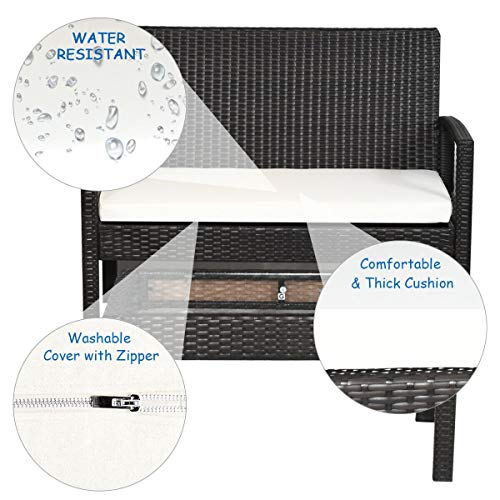 Image of Carry Bird 4 Piece PE Wicker Rattan Outdoor Furniture | 4 Seater Balcony Sofa With Tea Table | Set of 2+1+1 Outdoor Patio Chairs with Coffee Table | Sofa Sets & Center Table for Home & Garden | 3 Piece Patio Stools with Table | Indoor Patio Furniture Set Space Saving | Rattan Chair | Patio Set | Wicker Conversation Set | Poolside Lawn Arm Chairs Set For Balcony & Terrace | Balcony Table chair Set | Hotel Patio Seating Chair & Table Set with Glass | Brown Sofa White Cushion