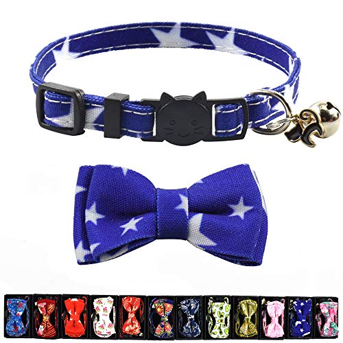 Image of Bow Tie Kitten Collar with Bell and Accessories, Printing Breakaway Cat Collar for Kitty 10 Colors Adjustable 7.5-11in (Blue Star)