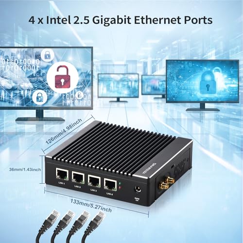 Image of Fanless Firewall Appliance Intel N3710 4C /4T, Firewall Mini PC 4 x Intel i226 LAN Ports DDR3 SSD, Network Gateway Soft Router, Support P-F-Sense AES NI HD /VGA /Wi-Fi (8G 64G)