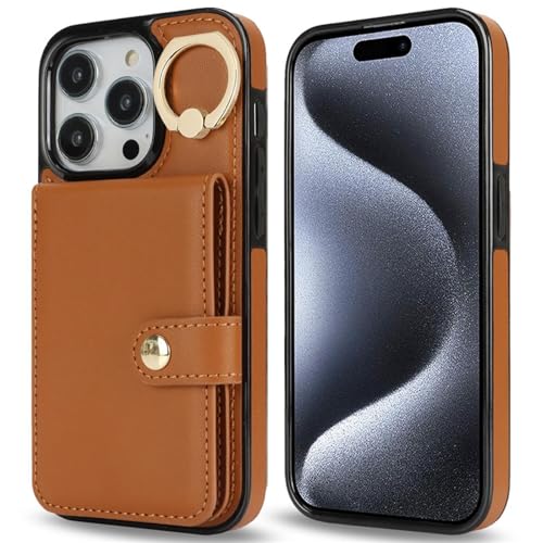 Étui portefeuille iPhone 15 Pro anti-chute avec anneau intégré marron