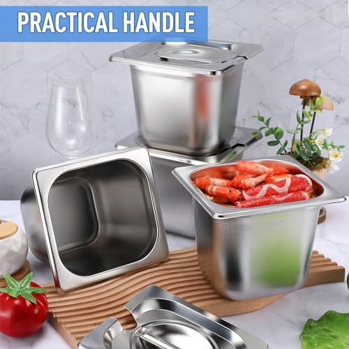 Maxcheck 12 Pcs Stainless Steel Hotel Pan with Lids 1/6 Size Chafing Steam Table Pan Catering Pans with Notched Cover Commercial Stackable Metal Steamer Pan for Buffet Party Storage Food (5.9 Inch)