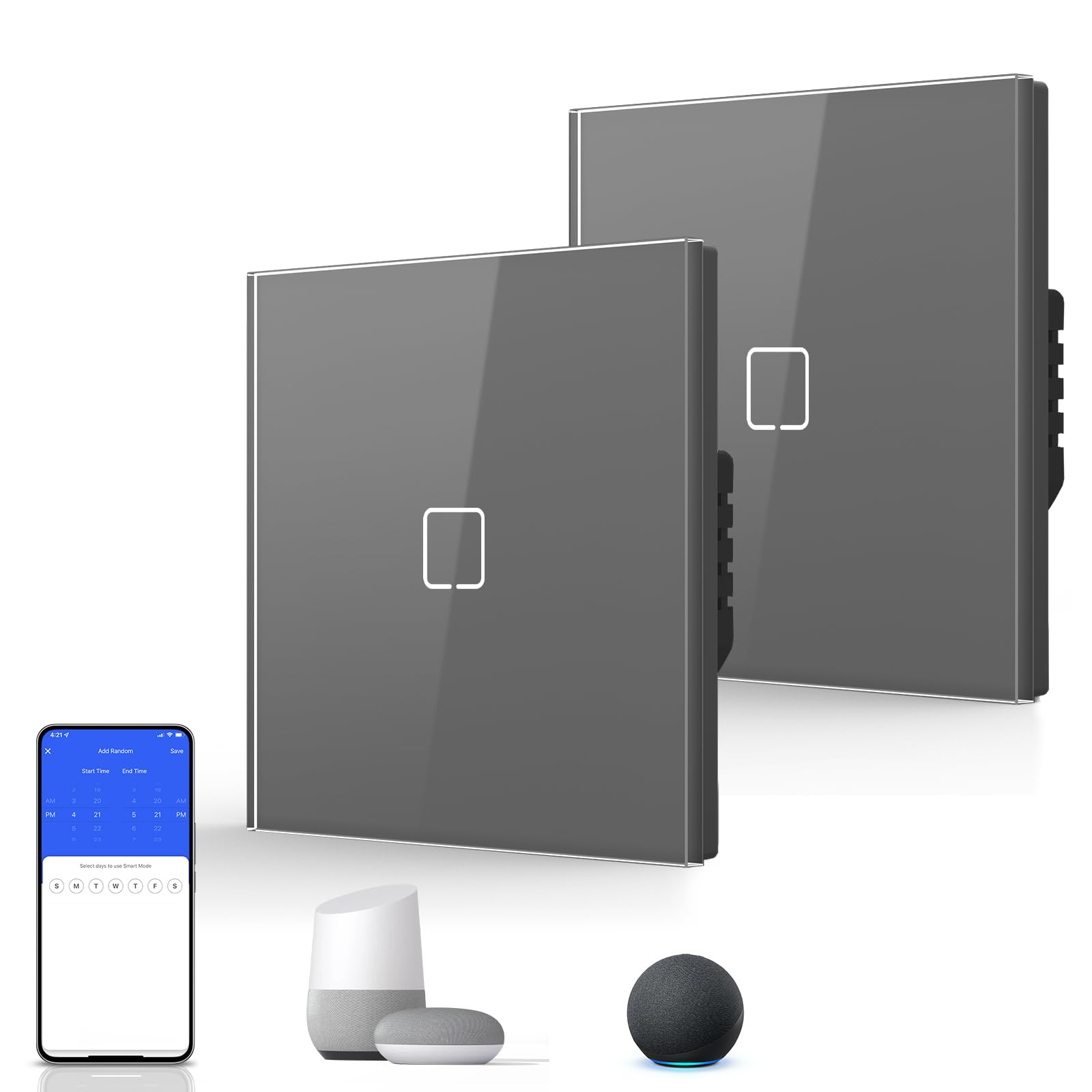 BSEED Smart Touch Light Switch,WIFI Rocker Wall Light Switches with Glass Panel,Push-button with LED Backlight,Horizontal & Vertical Mounting,Neutral Wire Required,1 Gang 2 Way-2 Pack,86mm Grey