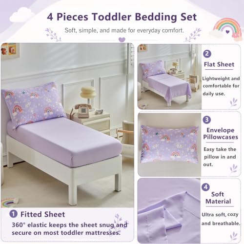 Image of DuShow Toddler Bedding Set Purple Rainbow Comforter Set for Girls Soft Cozy Bed Set
