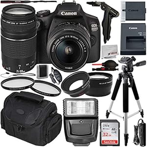 Canon EOS 2000D DSLR Camera with 18-55mm is II & 75-300mm III Lens & Essential Accessory Bundle – Includes: SanDisk Ultra 32GB SDHC Memory Card + Wide Angle & Telephoto Lens Attachment + More