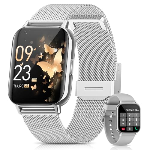 2026 Neues Smartwatch Damen 1.85 AMOLED Fitness Tracker mit Telefonfunktion Menstruationszyklus Herzfrequenz Schlafmonitor SpO2 113+Sportmodi Sportuhr 5ATM Schrittzähler Kalorien iOS Android Silber