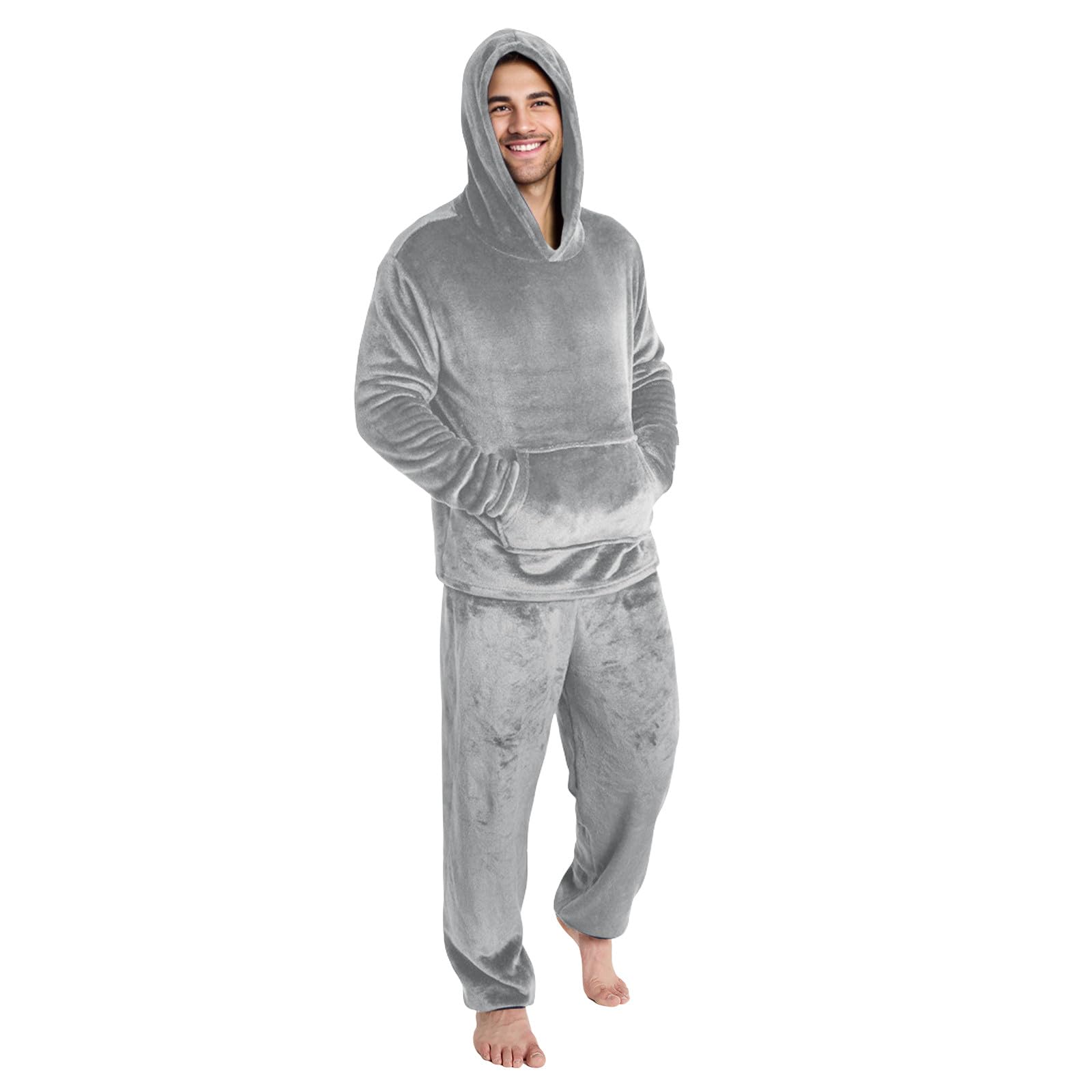 Generisch Pijama largo de franela para hombre, de forro polar, con capucha y pierna ancha, pantalones de casa elásticos, juego de dos piezas, mullido, térmico, con capucha, pantalones de dormir
