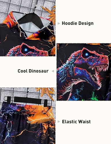 Boys Clothes, T-Rex Print Dinosaur Boy Clothes Fall Winter Outfits Long-sleeved Hooded Sweatshirt Pants 2Pcs Set4