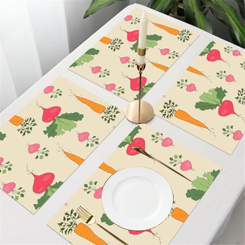 UREJD salvamanteles Lavables 4 manteles Individuales,Resistentes al Calor Antideslizante Fácil de Limpiar y Impermeable,Patrón con rábano, Zanahoria y Remolacha sobre Fondo de Lino,30x45cm