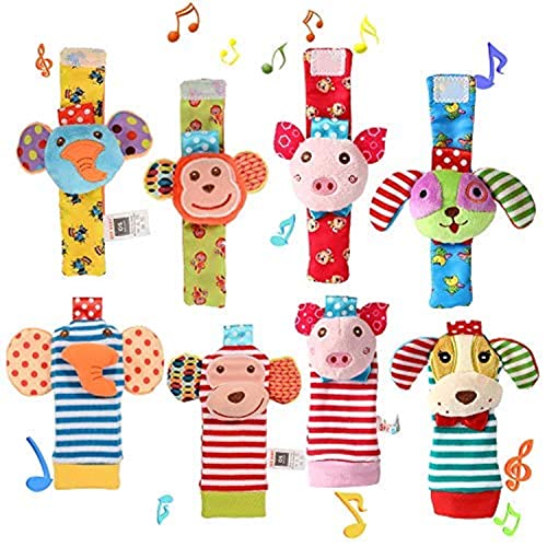 Image of ThinkMax Wrist Foot Rattles for Baby, 8 Pcs Soft Animal Wrist Rattles and Foot Finder Socks - Elephant, Monkey, Piggy and Puppy