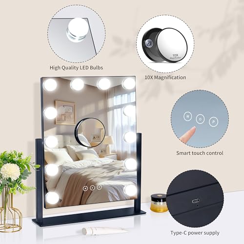 Image of Vanity Mirror with Lights,Lighted Vanity Mirror with 12 Dimmable Bulbs for Dressing Room & Bedroom,3 Color Lighting,Modes Detachable 10x Magnification 360Ratation