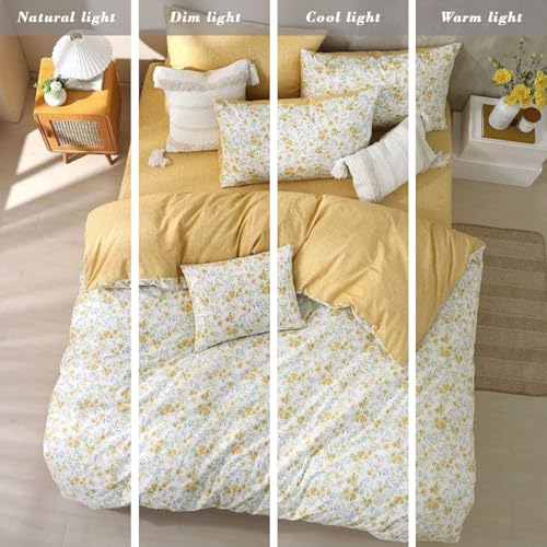 Natural-Cotton-2pcs-Floral-Comforter-Sets-Twin-Size-Yellow-Comforter-with-Pink-Yellow-Flowers-and-Blue-Green-Leaves-on-White-Reversible-Lightweight-Bedding-SetsTwin-6890 Natural Cotton 2pcs Floral Comforter Sets Twin Size Yellow Comforter with Pink Yellow Flowers and Blue Green Leaves on White Reversible Lightweight Bedding SetsTwin 6890