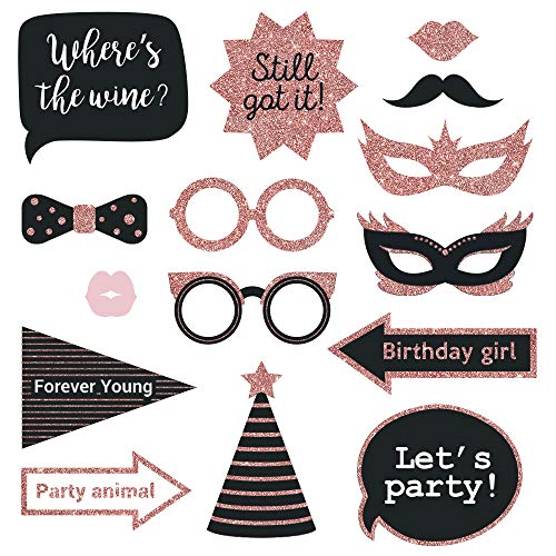 Fully Assembled Birthday Photo Booth Props. 30 Piece Box Set Of Rose Gold And Pink Selfie Party Supplies And Decorations Kit With Real Glitter Cute Bday Designs For Women - Did We Mention No Diy? #TOP4