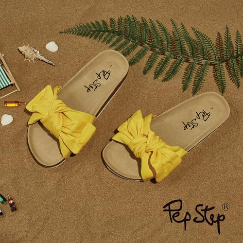 Image of PepStep Slide Sandals for Women or Ladies Dressy Summer Casual, Cute Bow Tie Knot On Top Strap, Comfy Slip On Cork Foot Bed