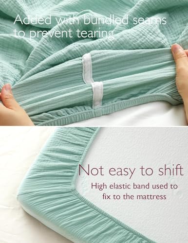 Image of Momcozy Muslin Standard Fitted Crib Sheets, 52 inchx28 inch, 2 Pack Soft Breathable Natural Cotton Baby Mattress Sheet, 360 Mattress Wrapping No Slip Boys Girls Neutral Toddler Bed Sheet, Green Grey