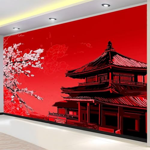 Luowenji Papier Peint Panoramique Style Japonais 400x280 cm 3D Papier Peint Intissé Rouge Photo Trompe l'oeil Poster Geant Mural Salon Chambre Enfant Chambre...