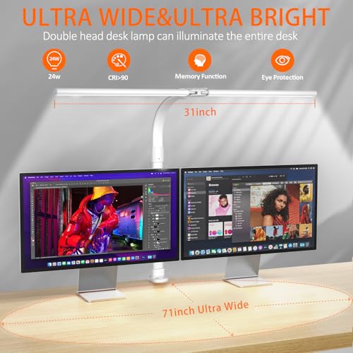 LOTTBUTY LED Desk Lamp for Study,24W Double Head Desk Lamps Office,Eye Protection Desk Light with Clamp,25 Lighting Modes,Monitor Light Bar for Study/Working/Computer/Reading/Workbench (L-White) - Image 2