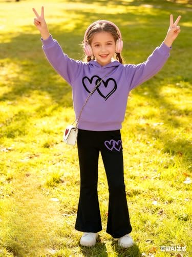 Image of 6-13 Years Girls Clothing Heart Print Hoodie Top + Heart Print Flare Leg Pants 2PC Clothing Set