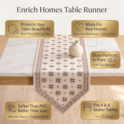 Image of Premium Dining Table Runner | Washable Farmhouse Style Heat Resistant Table Cover for 4 & 6 Seater | Elegant Home & Coffee Table Decor | Soft Viscose Rayon & Cotton | 13x72 Inch | Beige