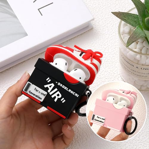 Image of [2Pack] Gedicht for Apple Airpods 2nd Generation Case Cover, Cute Cartoon Shoe Box Soft Silicone Protective Cases for AirPods 1&2 Case with Keychain for Women Men, Red+Pink