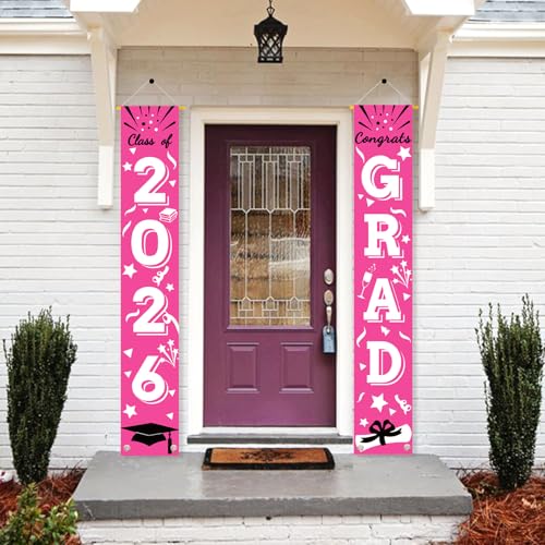 Image of Graduation Porch Banner Class Sign Congrats Grad Hanging Flags High School College University Party Decoration For Front Door Outdoor Deep Pink