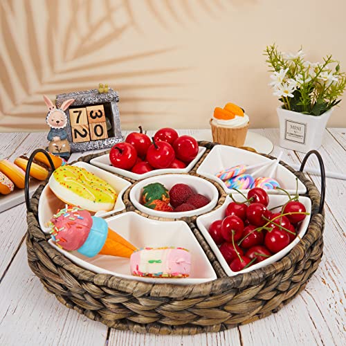Nuanchu Ceramic Divided Serving Dishes Appetizer Serving Tray and Platters Set Snack Tray 6 Removable Snack Bowls with Basket for Relish Party Fruit Pizza Candy Nuts Condiment Veggies Chips Dips - Image 4