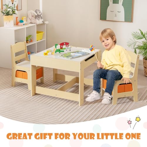 Image of GLACER Kids Table and Chairs, 3 in 1 Wooden Activity Table with Storage, Reversible Tabletop, Chalkboard for Crafts, Drawing, Reading, Toddler Table and Chair Set for Playroom, Easy to Clean(Natural)